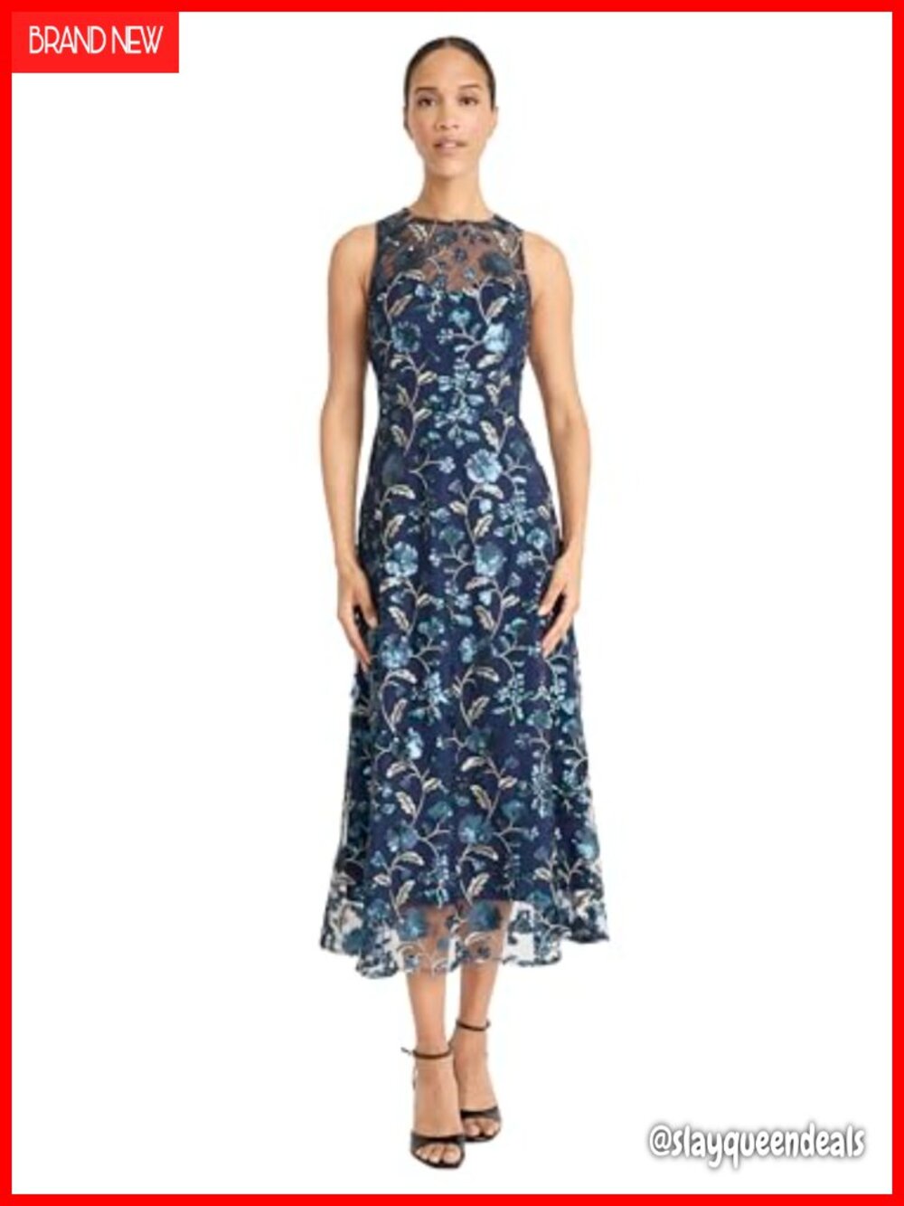 Sleeveless High Neck Illusion Hem Lace A-line Midi Formal Wedding Guest Dress
